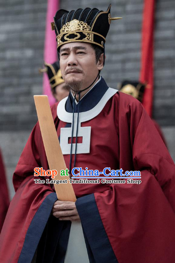 Chinese Ancient Song Dynasty Minister of Justice Drama Royal Nirvana Zhang Luzheng Replica Costumes and Hat Complete Set