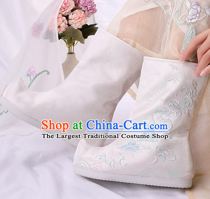 Asian Chinese White Embroidered Cloud Mount Boots Traditional Opera Boots Hanfu Shoes for Women
