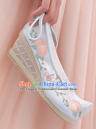 Asian Chinese Winter Blue Wedge Heel Shoes Embroidered Peach Rabbit Shoes Traditional Opera Shoes Hanfu Shoes for Women