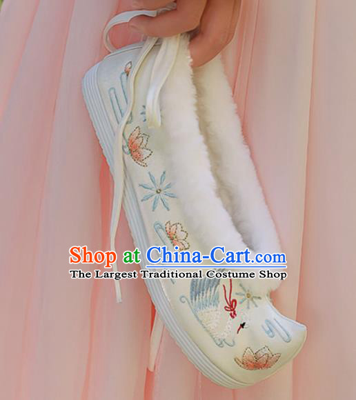 Asian Chinese Winter White Bow Shoes Embroidered Swan Shoes Traditional Opera Shoes Hanfu Shoes for Women