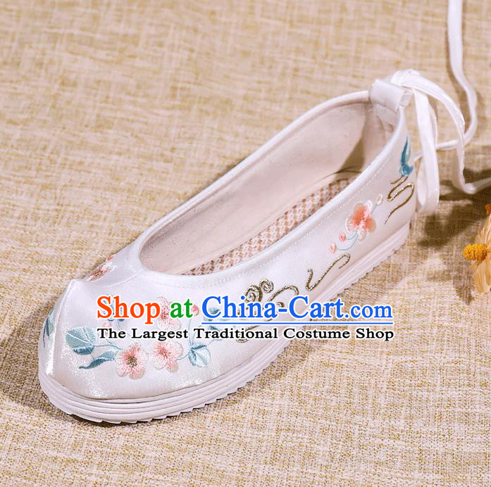 Asian Chinese Satin Shoes Embroidered Flowers White Shoes Traditional Opera Shoes Hanfu Shoes for Women
