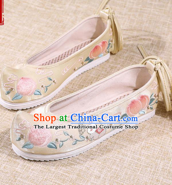 Asian Chinese Golden Satin Shoes Embroidered Rabbit Shoes Traditional Opera Shoes Hanfu Shoes for Women