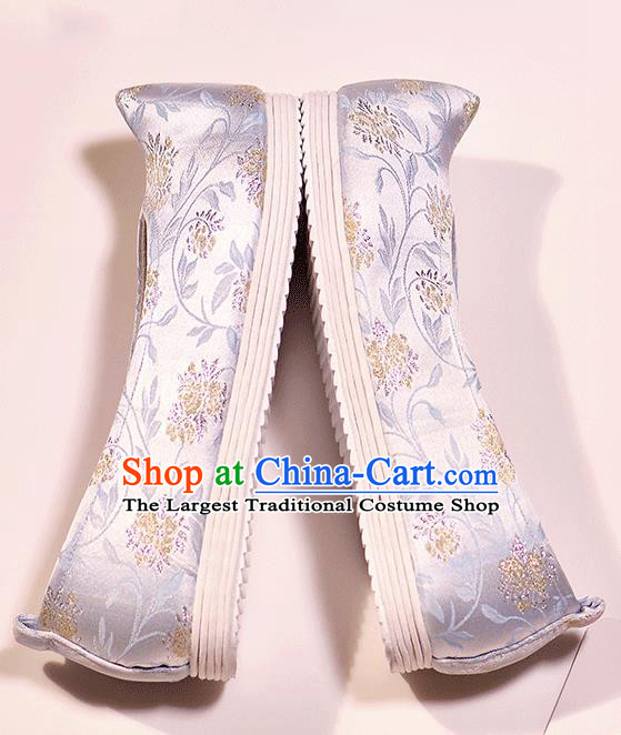 Asian Chinese Ming Dynasty Light Blue Satin Shoes Embroidered Shoes Traditional Opera Shoes Hanfu Shoes for Women