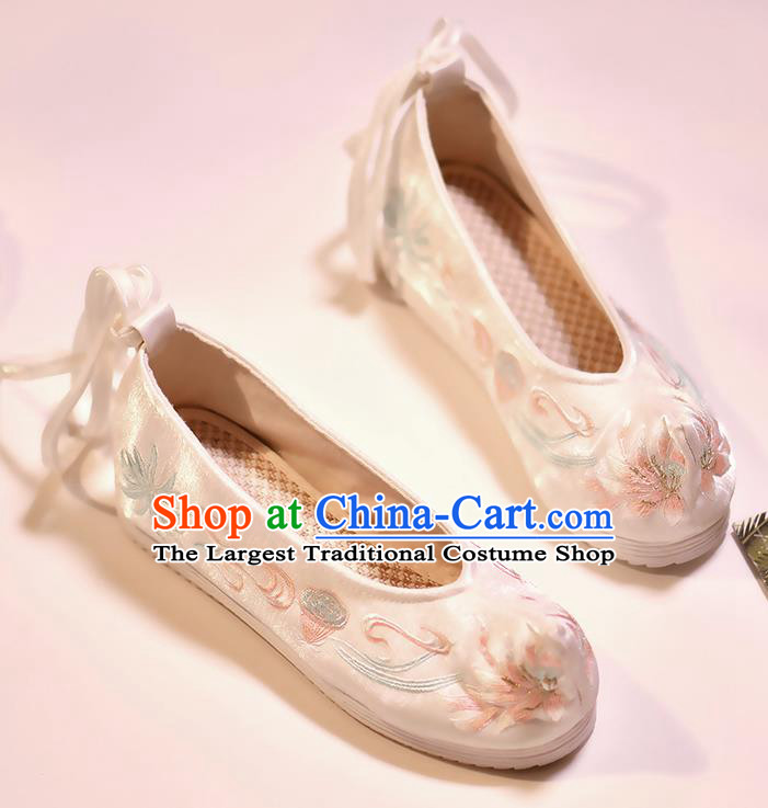 Asian Chinese Embroidered Lotus White Shoes Hanfu Shoes Traditional Opera Shoes Princess Shoes for Women