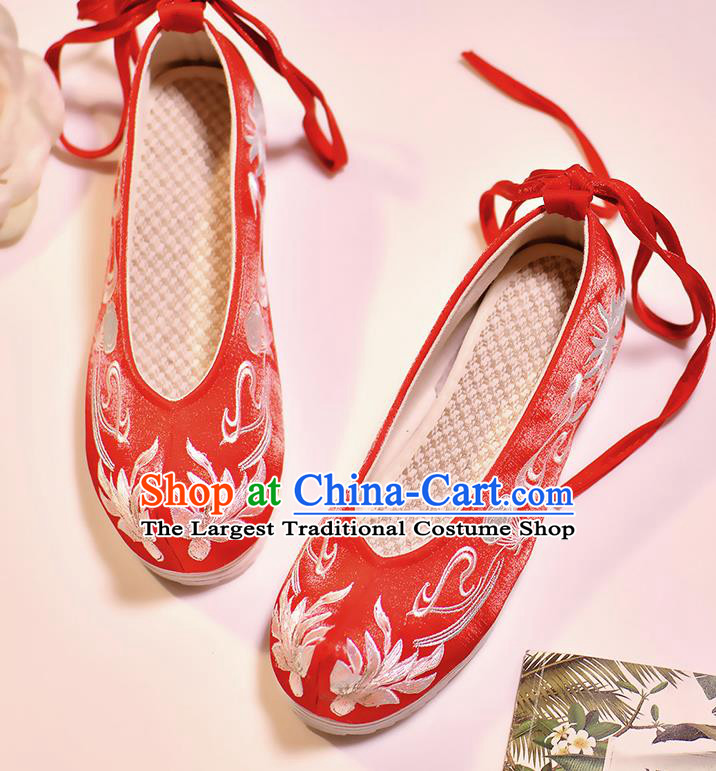 Asian Chinese Embroidered Lotus Red Shoes Hanfu Shoes Traditional Opera Shoes Princess Shoes for Women