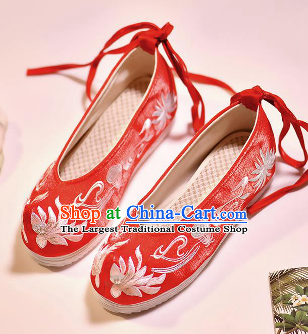 Asian Chinese Embroidered Lotus Red Shoes Hanfu Shoes Traditional Opera Shoes Princess Shoes for Women
