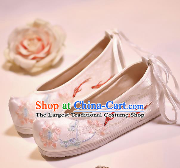 Asian Chinese Embroidered Fish Lotus White Shoes Hanfu Shoes Traditional Opera Shoes Princess Shoes for Women