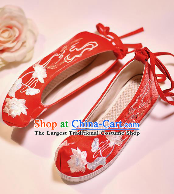 Asian Chinese Embroidered Fish Lotus Red Shoes Hanfu Shoes Traditional Opera Shoes Princess Shoes for Women