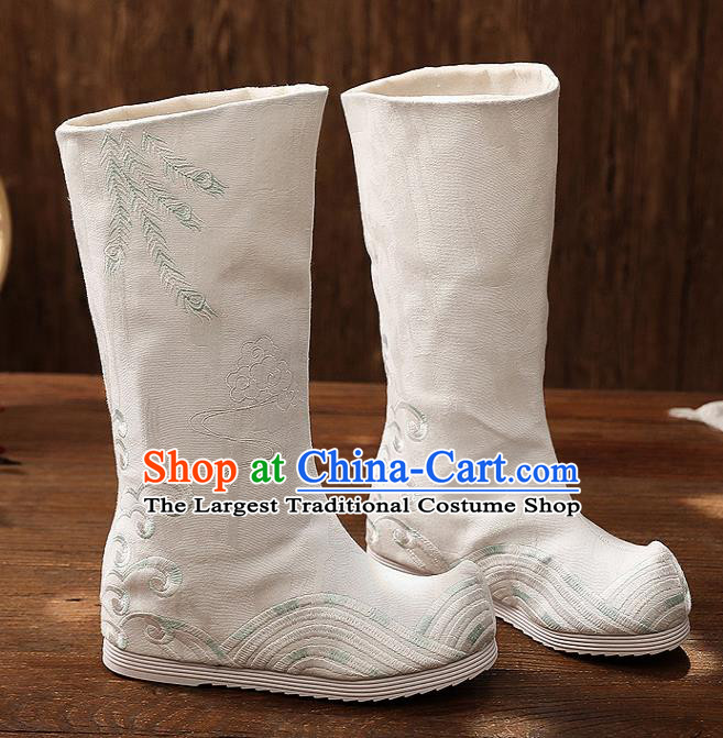 Asian Chinese White Embroidered Boots Traditional Opera Boots Hanfu Shoes for Women