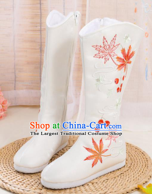 Asian Chinese Embroidered Maple Leaf White Boots Traditional Opera Boots Hanfu Shoes for Women