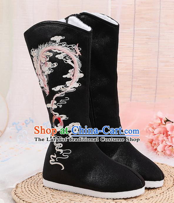 Asian Chinese Embroidered Dragon Black Boots Traditional Opera Boots Hanfu Shoes for Women