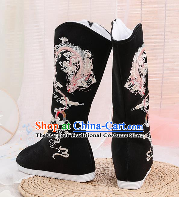 Asian Chinese Embroidered Dragon Black Boots Traditional Opera Boots Hanfu Shoes for Women