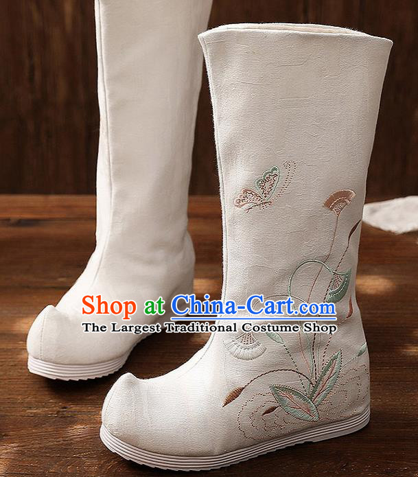 Asian Chinese Embroidered White High Boots Traditional Opera Boots Hanfu Shoes for Women