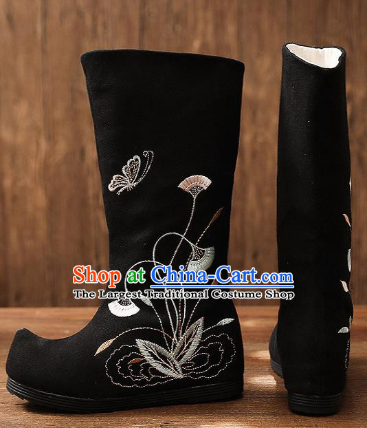 Asian Chinese Embroidered Black High Boots Traditional Opera Boots Hanfu Shoes for Women