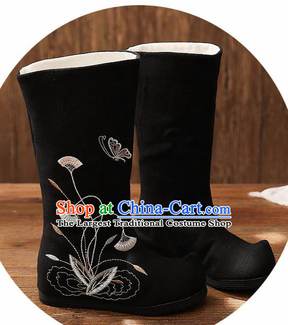 Asian Chinese Embroidered Black High Boots Traditional Opera Boots Hanfu Shoes for Women
