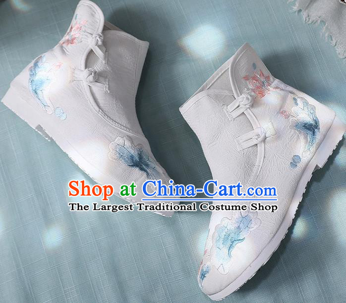Asian Chinese Embroidered Lotus White Ankle Boots Traditional Opera Boots Hanfu Shoes for Women