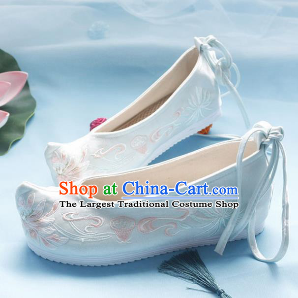 Asian Chinese Embroidered Lotus Light Blue Bow Shoes Hanfu Shoes Traditional Opera Shoes Princess Shoes for Women