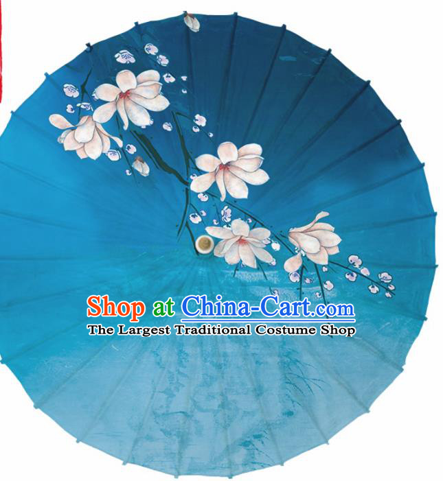 Chinese Traditional Printing Yulan Magnolia Blue Oil Paper Umbrella Artware Paper Umbrella Classical Dance Umbrella Handmade Umbrellas