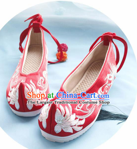 Asian Chinese Embroidered Lotus Red Bow Shoes Hanfu Shoes Traditional Opera Shoes Princess Shoes for Women