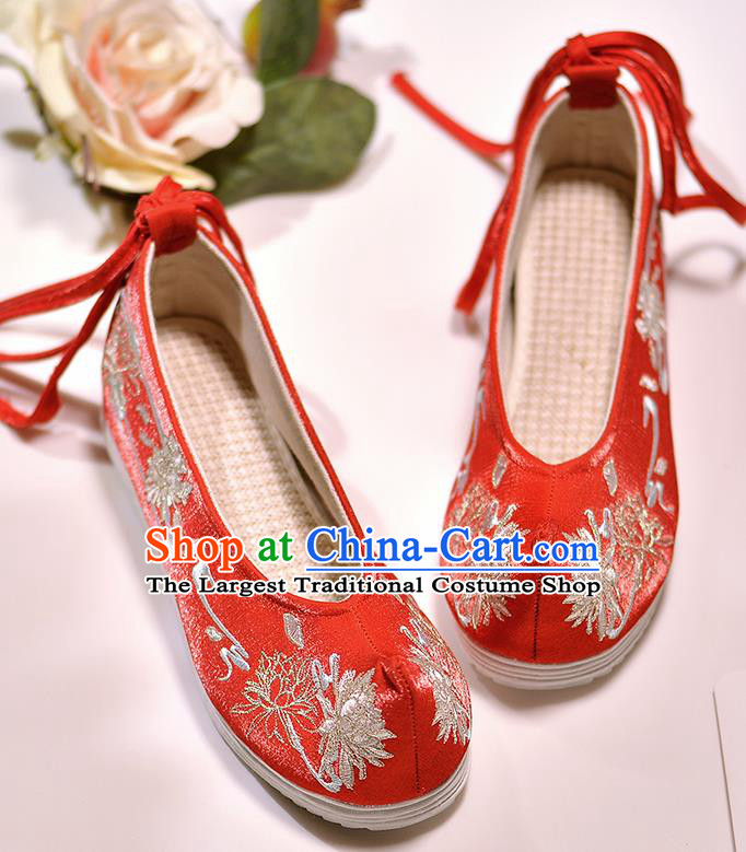 Asian Chinese Embroidered Epiphyllum Red Satin Shoes Hanfu Shoes Traditional Opera Shoes Princess Shoes for Women