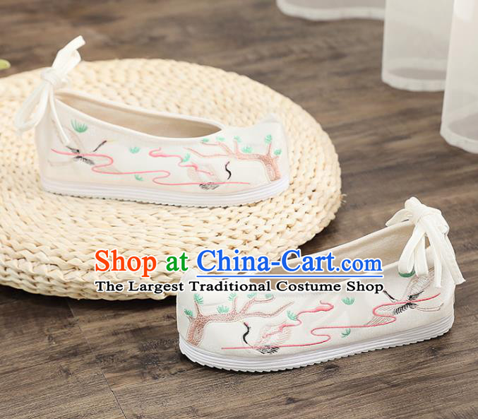 Asian Chinese Embroidered Pine Crane White Bow Shoes Hanfu Shoes Traditional Opera Shoes Princess Shoes for Women
