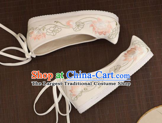 Asian Chinese Embroidered Lotus White Bow Shoes Hanfu Shoes Traditional Opera Shoes Princess Shoes for Women