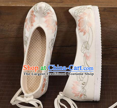 Asian Chinese Embroidered Lotus White Bow Shoes Hanfu Shoes Traditional Opera Shoes Princess Shoes for Women