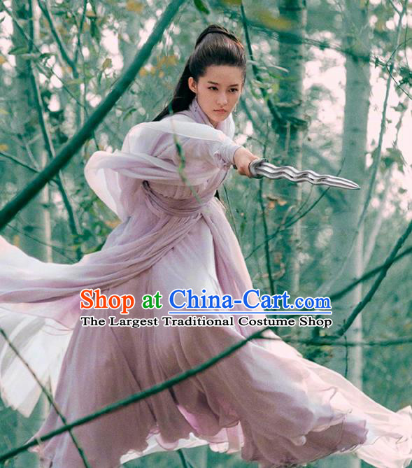 Chinese Film Jade Dynasty Ancient Female Swordsman Taoist Nun Lu Xueqi Replica Costumes and Headpiece for Women