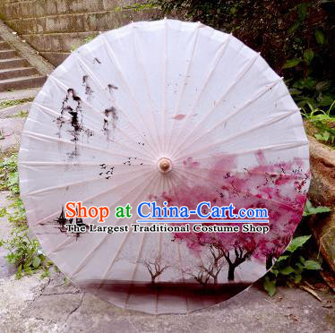 Chinese Traditional Painting Peach Blossom White Oil Paper Umbrella Artware Paper Umbrella Classical Dance Umbrella Handmade Umbrellas