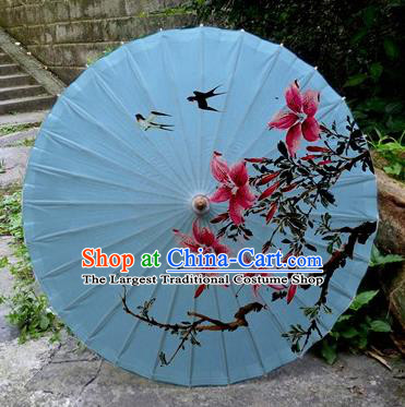 Chinese Printing Flowers Blue Oil Paper Umbrella Artware Paper Umbrella Traditional Classical Dance Umbrella Handmade Umbrellas