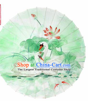 Chinese Printing Swan Lotus Green Oil Paper Umbrella Artware Paper Umbrella Traditional Classical Dance Umbrella Handmade Umbrellas