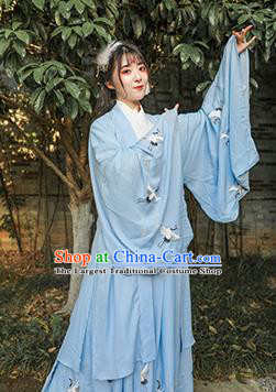 Chinese Drama Ancient Nobility Lady Blue Dress Traditional Jin Dynasty Court Costume for Women