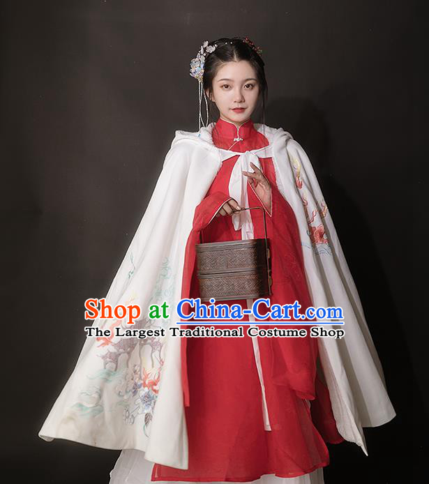 Chinese Ancient Hanfu Embroidered White Cloak Traditional Ming Dynasty Princess Costumes for Women