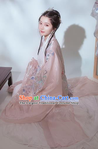 Chinese Ancient Hanfu Embroidered Light Pink Cardigan Traditional Ming Dynasty Princess Costumes for Women