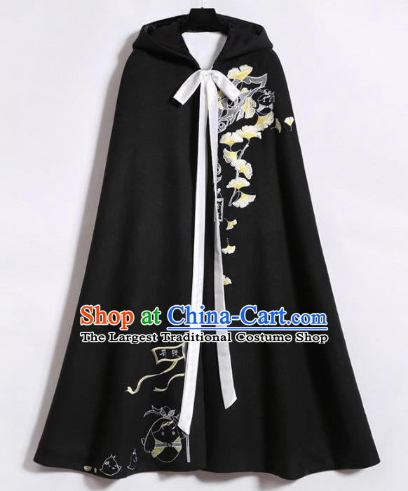 Chinese Ancient Swordsman Embroidered Ginkgo Black Cape Traditional Jin Dynasty Prince Clothing for Men