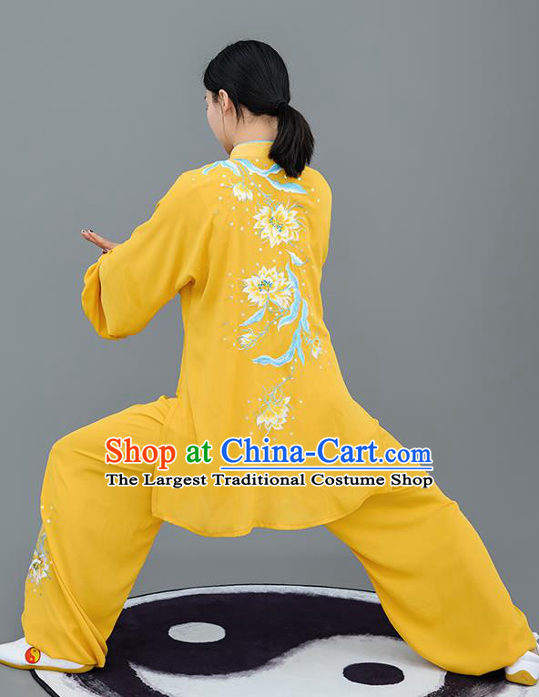 Chinese Traditional Tai Chi Performance Embroidered Epiphyllum Yellow Costumes Martial Arts Outfits for Women