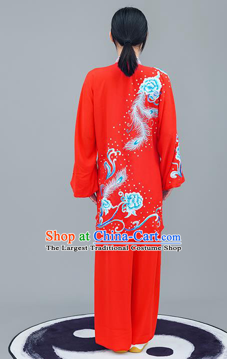 Chinese Traditional Tai Chi Training Embroidered Phoenix Peony Red Costumes Martial Arts Performance Outfits for Women