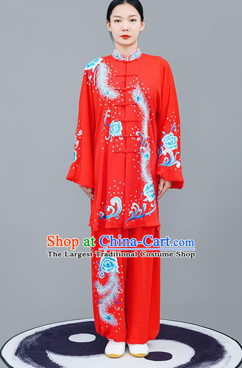 Chinese Traditional Tai Chi Training Embroidered Phoenix Peony Red Costumes Martial Arts Performance Outfits for Women