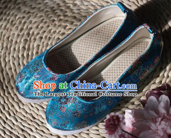 Asian Chinese Traditional Hanfu Blue Brocade Shoes Ancient Princess Shoes Handmade Shoes for Women