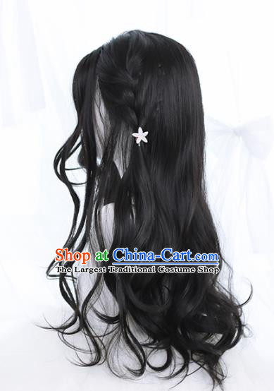 Top Grade Cosplay Lolita Black Curly Wigs Young Lady Long Hair Wiggery Headdress for Women