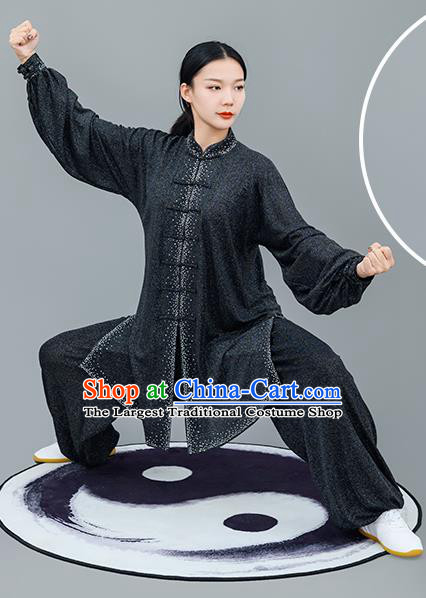 Chinese Traditional Tai Chi Training Bright Silk Black Costumes Martial Arts Performance Outfits for Women
