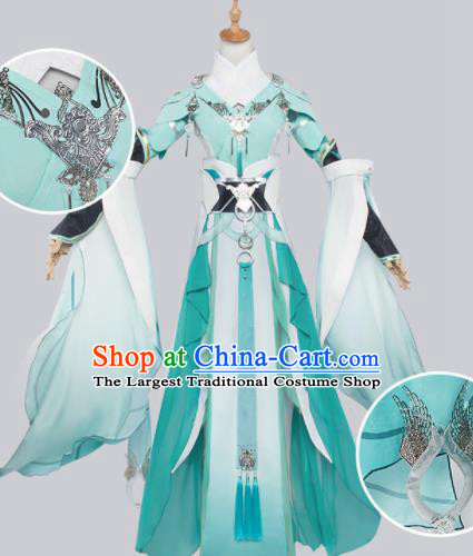 Chinese Traditional Cosplay Swordswoman Green Costumes Ancient Fairy Goddess Hanfu Dress for Women