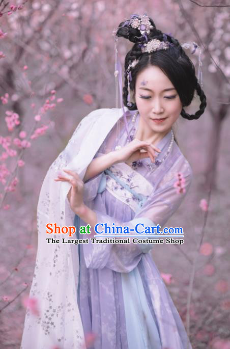 Chinese Traditional Tang Dynasty Princess Costumes Ancient Goddess Lilac Hanfu Dress for Women