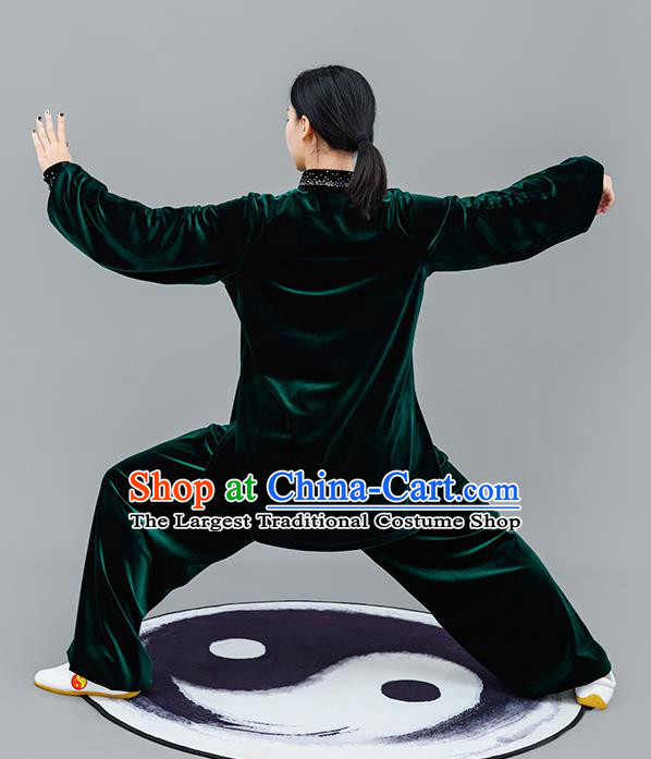 Chinese Traditional Tai Chi Training Green Velvet Costumes Martial Arts Performance Outfits for Women