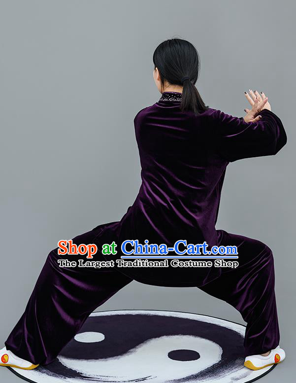 Chinese Traditional Tai Chi Training Purple Velvet Costumes Martial Arts Performance Outfits for Women