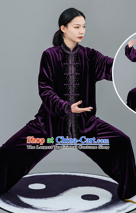 Chinese Traditional Tai Chi Training Purple Velvet Costumes Martial Arts Performance Outfits for Women