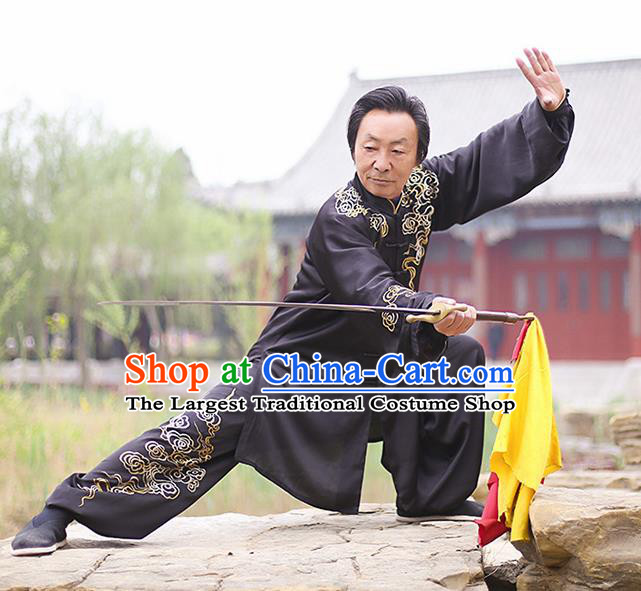 Chinese Traditional Tai Chi Training Embroidered Clouds Black Costumes Martial Arts Performance Outfits for Men