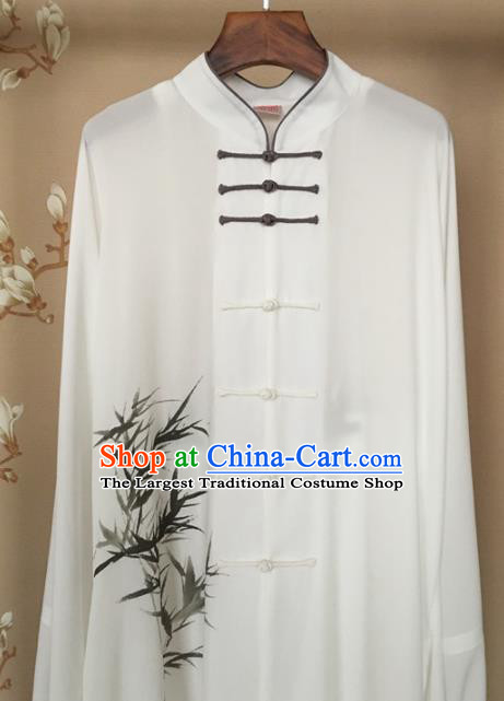 Chinese Traditional Tai Chi Training Printing Bamboo White Costumes Martial Arts Performance Outfits for Men