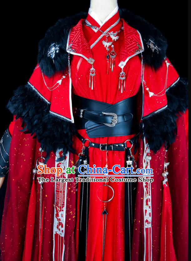 Chinese Traditional Cosplay Swordsman Wedding Costumes Ancient Royal Highness King Red Clothing for Men