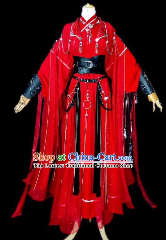 Chinese Traditional Cosplay Swordsman Wedding Costumes Ancient Royal Highness King Red Clothing for Men